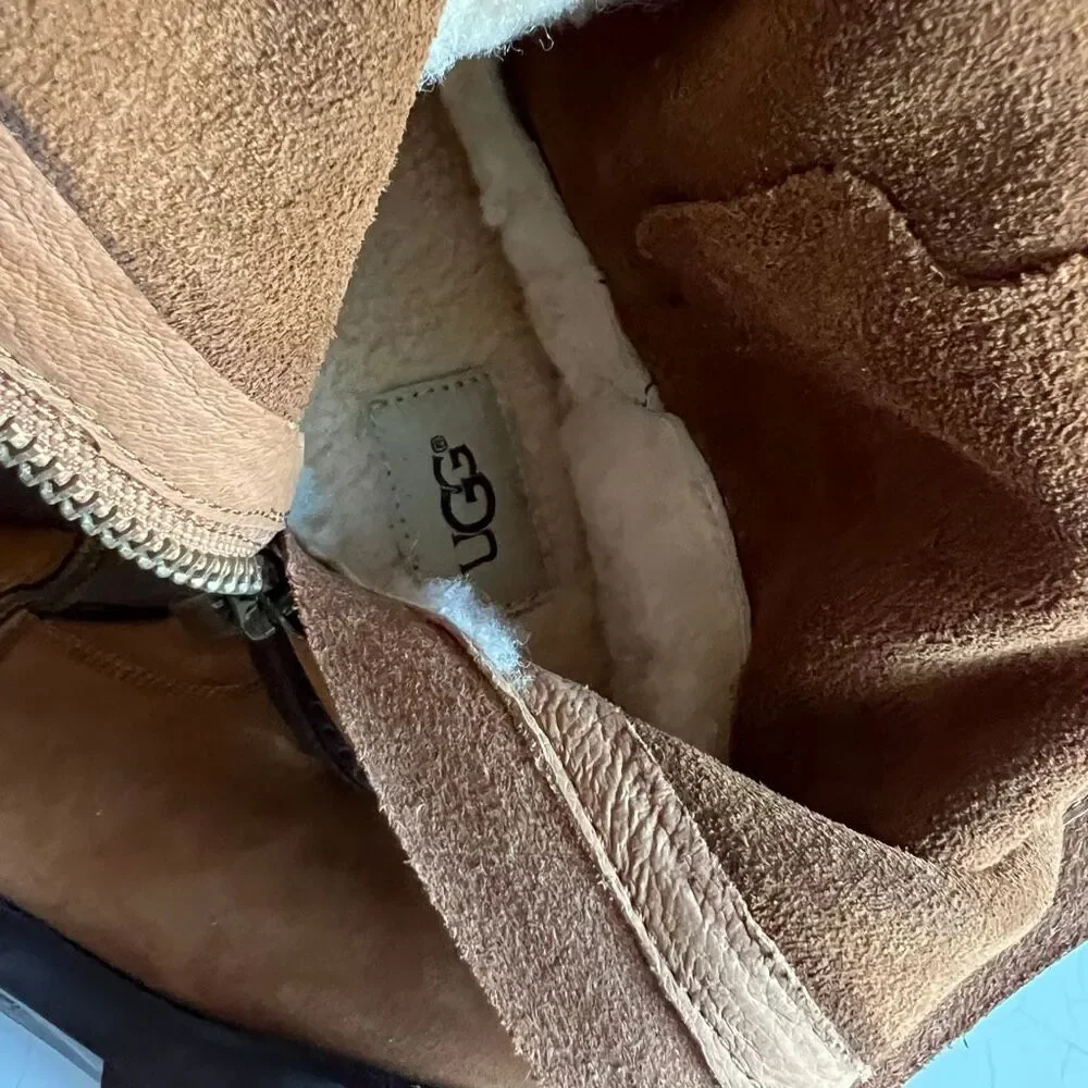 UGG Harington tall suede buckle strap boots in chestnut brown, a side zipper ank